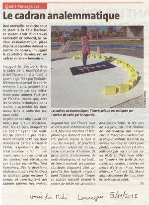 L'article de la Voix du Midi Lauragais du 5/11/2015